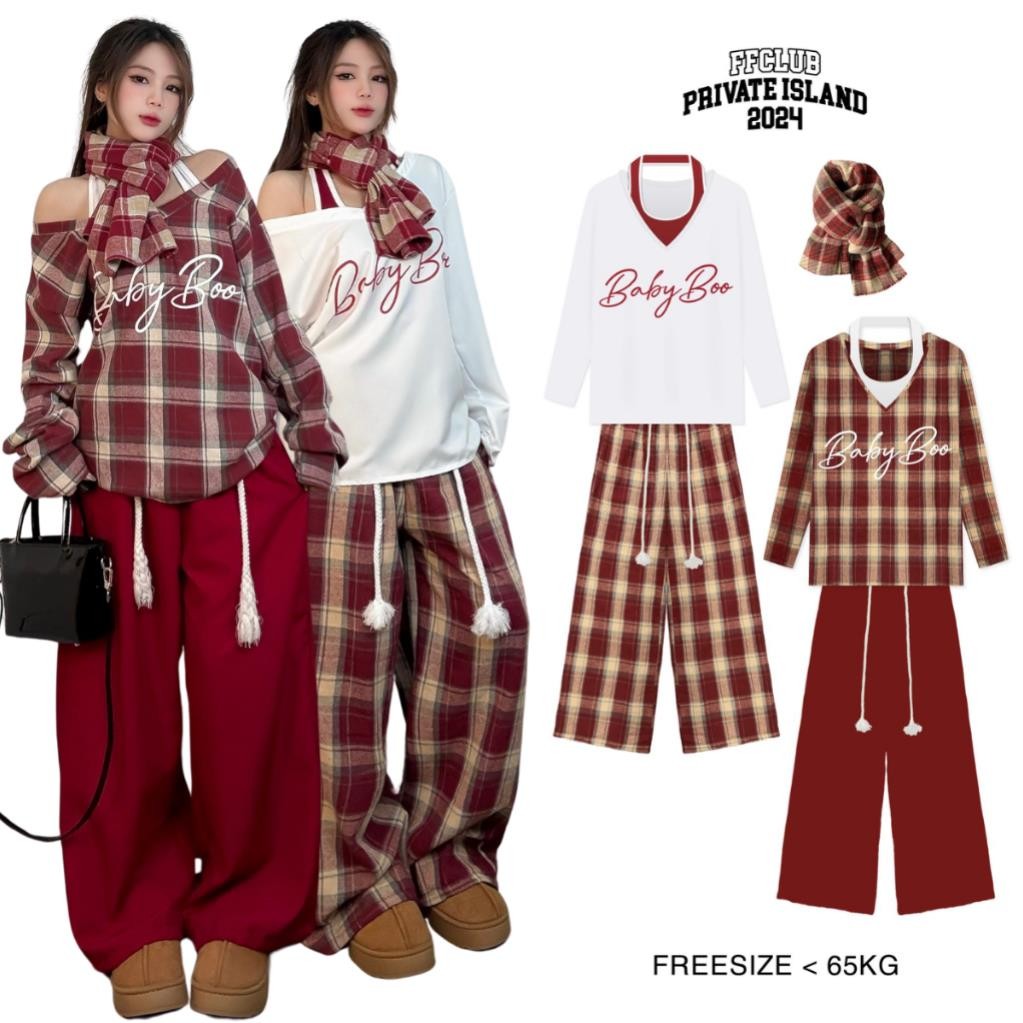 [ AVAILABLE SET ] BABYBOO ชุดผู้หญิงคอเต่าทําจากผ้าฝ้ายทรงหลวมลายหมากรุก Unisex Loose Fit TDS MIXCLU