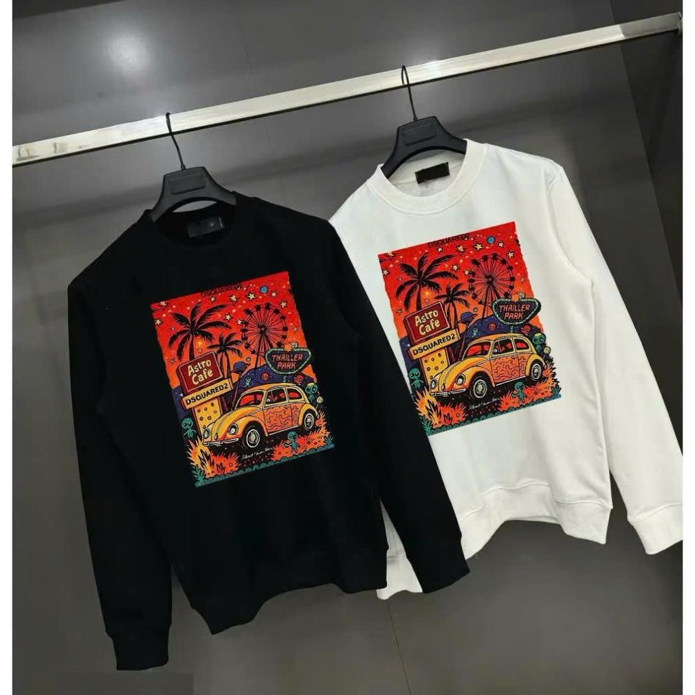 Dsq Red Car Coconut Tree เสื้อกันหนาวผู้ชายและผู้หญิงหลวมผ้าฝ้ายเสื้อกันหนาวรอบคอแขนยาว HU