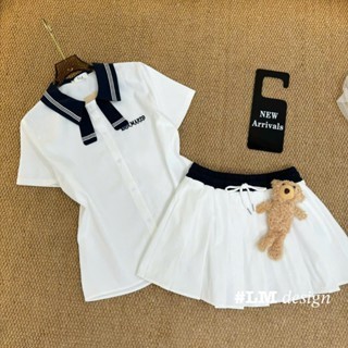 ชุดเสื้อยืดและกระโปรง คอปกเชิ้ตลายทางและชุดกระโปรงสั้น 350(Z2) mi.n