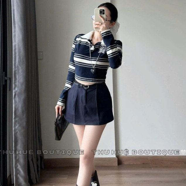 ชุดเสื้อยืดและกระโปรง คอปกเชิ้ตลายทางและชุดกระโปรงสั้น 350(Z2) mi.n