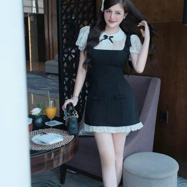 เดรสเลดี้สุดหรู เดรสสุภาพสตรีอ่อนโยน ชุดสตรีคอกลมสั้นสวย 684 (Z1) mi.n