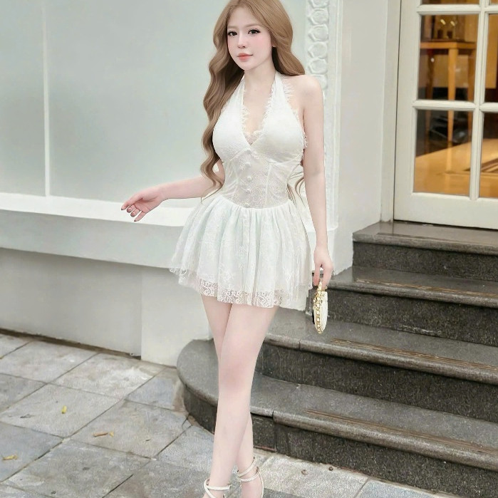 ชุดแต่งงาน เดรสคล้องคอมีกระดุมและกระโปรงบานสั้น 428(Z6) mi.n