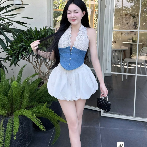 ชุดกระโปรงสั้น ชุดเสื้อคล้องคอผสมกระโปรงฟักทอง 302(Z6) mi.n