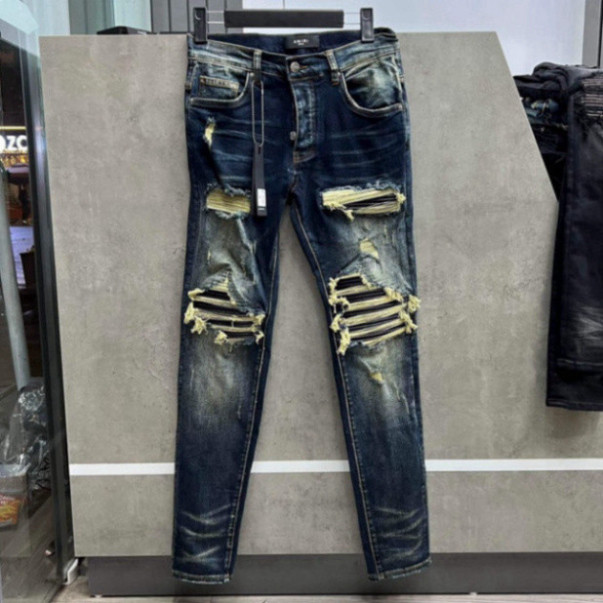 A.Mi.Ri Mens Dark Blue Jeans 4 Buttons A Mi Ri Mens Jeans with v Scales Bright Blue Painting Stretch