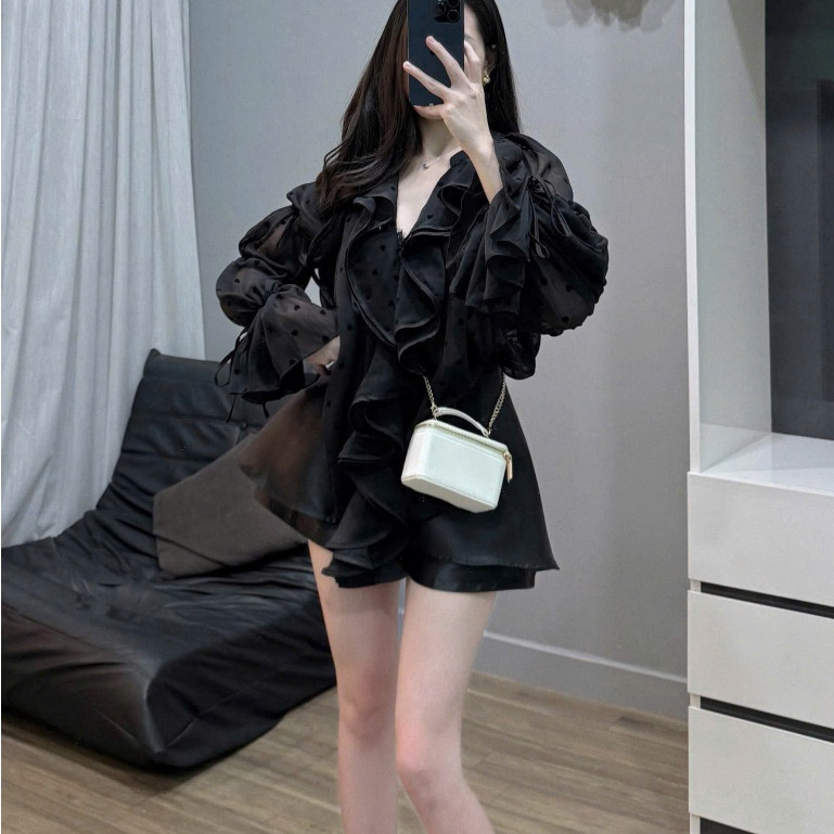 ชุดเดรสแขนพองสุดหรู ชุดเสื้อคอปกระบายพร้อมกระโปรงทรงเอ 331(Z1) NC