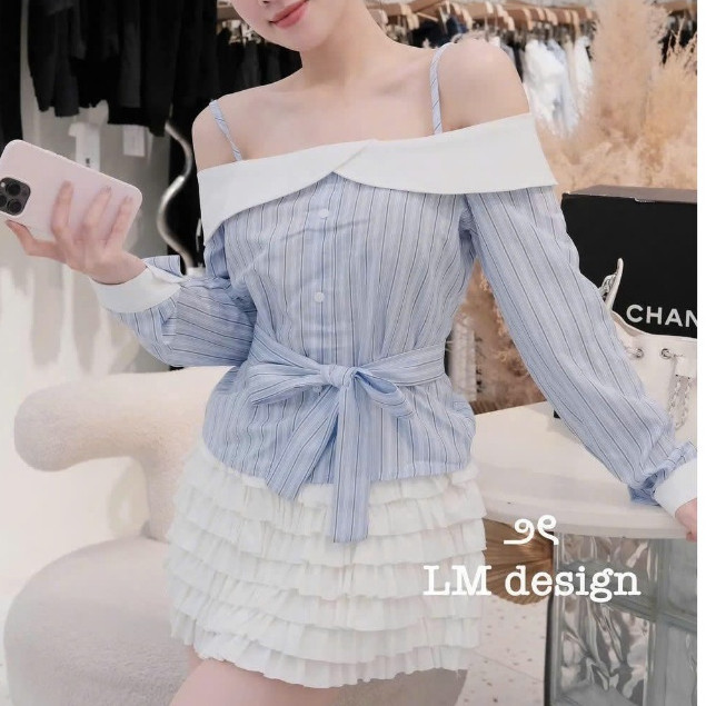 ชุดเรียบหรูอ่อนโยน ชุดเสื้อแขนยาวเปิดไหล่และกระโปรง 102 (Z2) NC