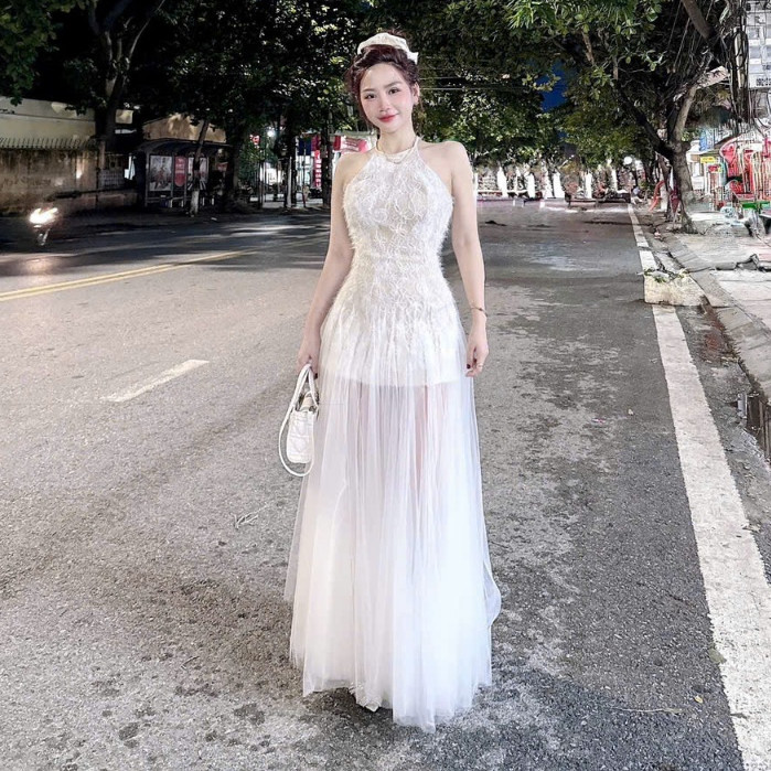 เดรสเลดี้สุดหรู เดรสสุภาพสตรีอ่อนโยน ชุดสตรีแขนกุดคล้องคอยาวสวย 728 (Z4) MIn