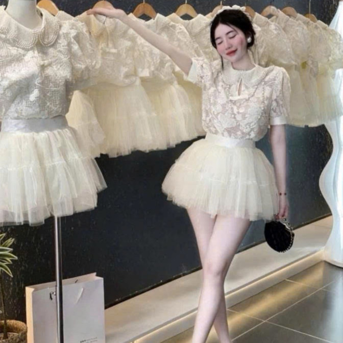 ชุดเซทเลดี้สุดหรู เซตเสื้อและกระโปรง ao ลูกไม้คอบัวผสมกระโปรงตาข่าย 934(Z2) MIn