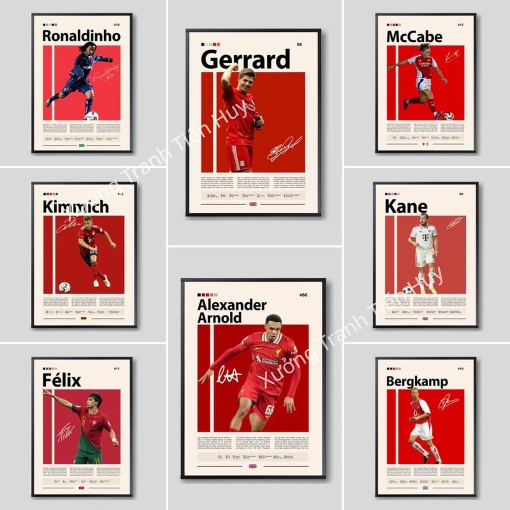 (X164) โปสเตอร์นักฟุตบอล Gerrard, Kane, Ronaldinho, Bergkamp, Gavi, Kimmich,... กาว