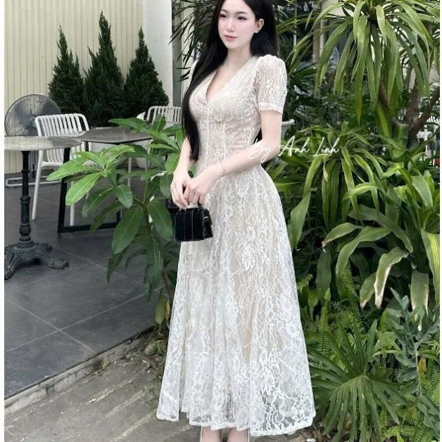 เดรสยาว muse เดรสผู้หญิงสวยๆ เดรสลูกไม้คอวีพร้อมกระโปรงยาว 999(Z4) nc