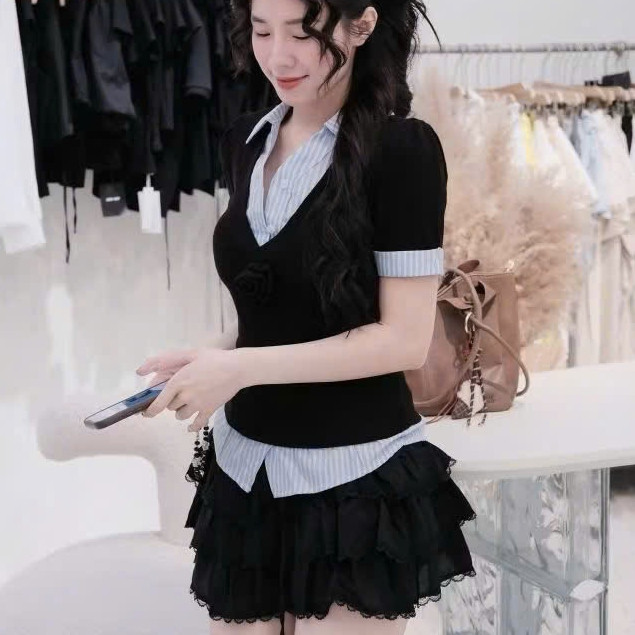 ชุดออกนอกบ้าน ชุดคอปกและกระโปรงลายทาง 886(Z2) nc