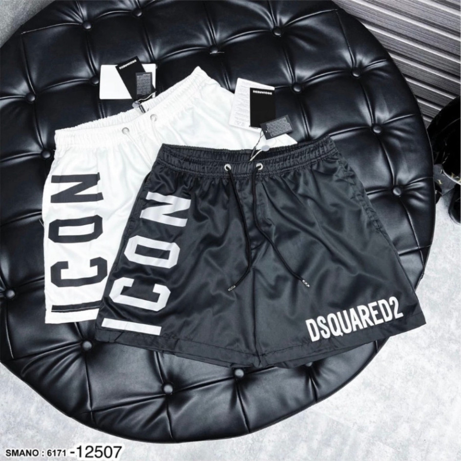 Dsq2 กางเกงขาสั้นลมผู้ชายสีดํา ICON Letter พิมพ์สีขาวเอวยืดหยุ่นตาข่ายซับคุณภาพสูง Cool 2024 L76 Hot