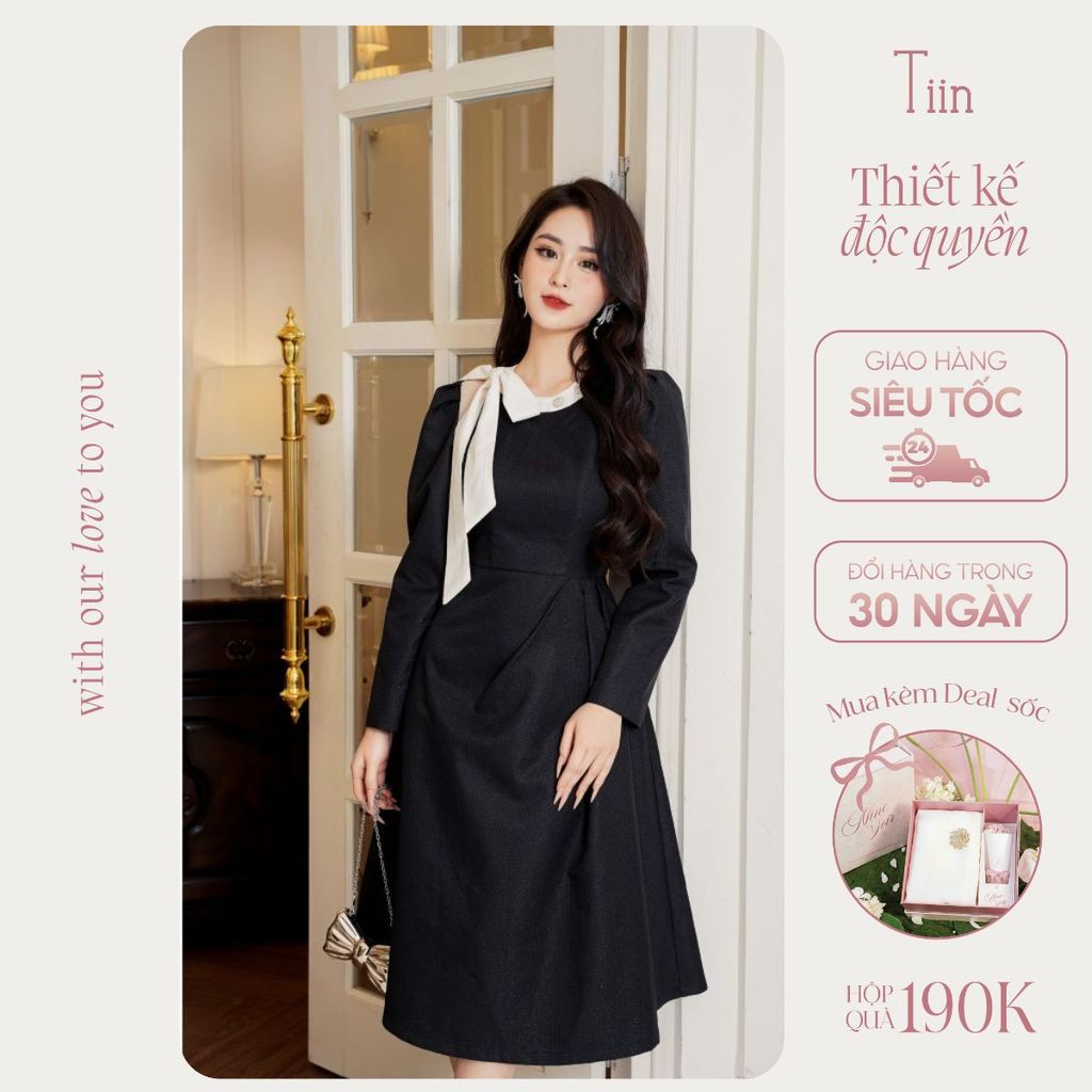 TINSTORE เดรสผูกคอผูกโบว์ขาวดํา VDD1026