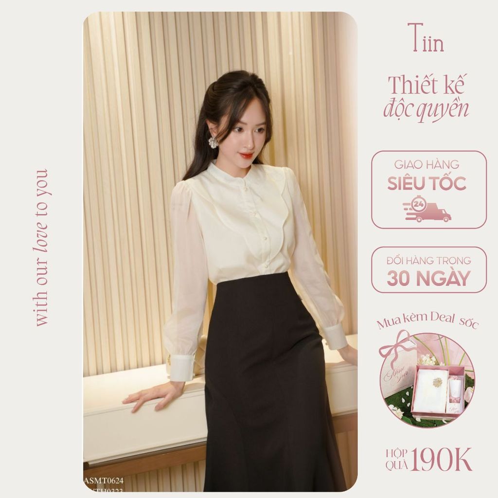 TINSTORE เสื้อคอปกสีครีมคอเครื่องร่อน AHD1000