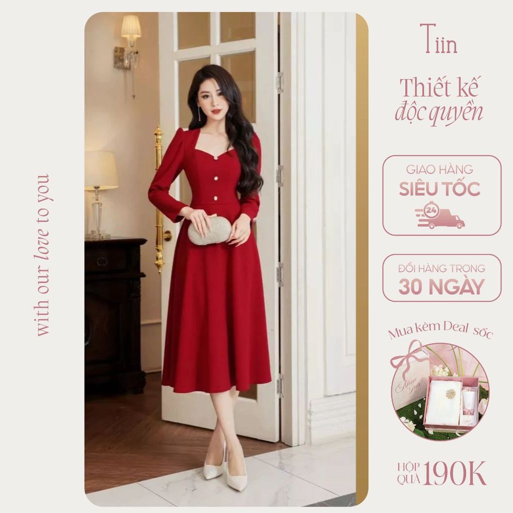 TINSTORE เดรสคอเหลี่ยมแขนยาวสีแดง VHD1013