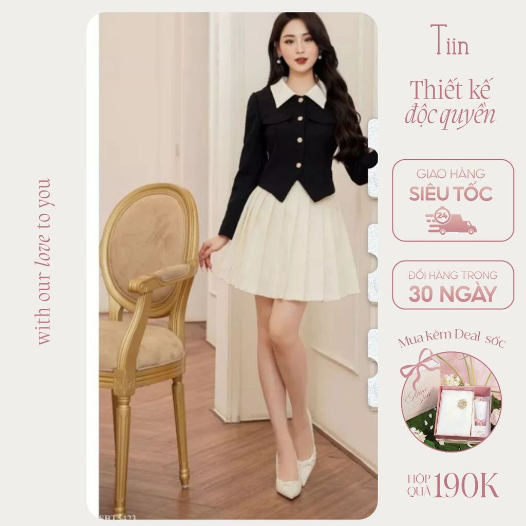 TINSTORE เสื้อเชิ้ตคอปกผู้ชายมีกระเป๋าพนัง 2 ช่อง x กระโปรงจับจีบผูกโบว์ ADD970 CDN307