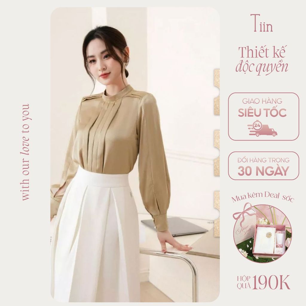 TINSTORE เสื้อคอเต่าจับจีบสีน้ําตาลสีบรอนซ์ แขนผ่า AHD1005