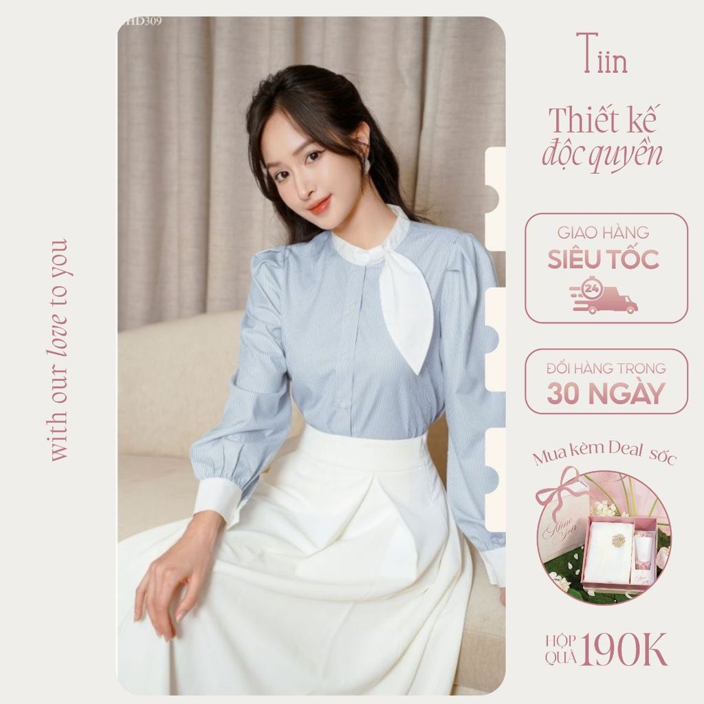 TINSTORE เสื้อเชิ้ตคอปกและแขนโบว์ AHD852