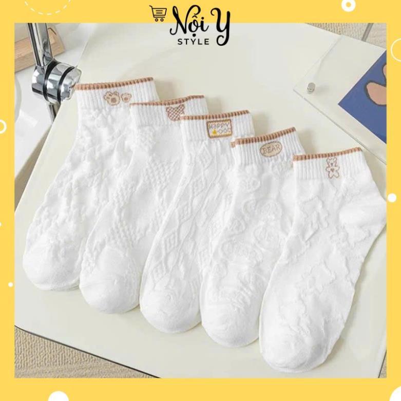 ชุดถุงเท้าสั้น 5 คู่สําหรับผู้หญิงลายหัวใจนูนและขอบสีน้ําตาล Super Hot TT14 [ J111 ] tongkhony88