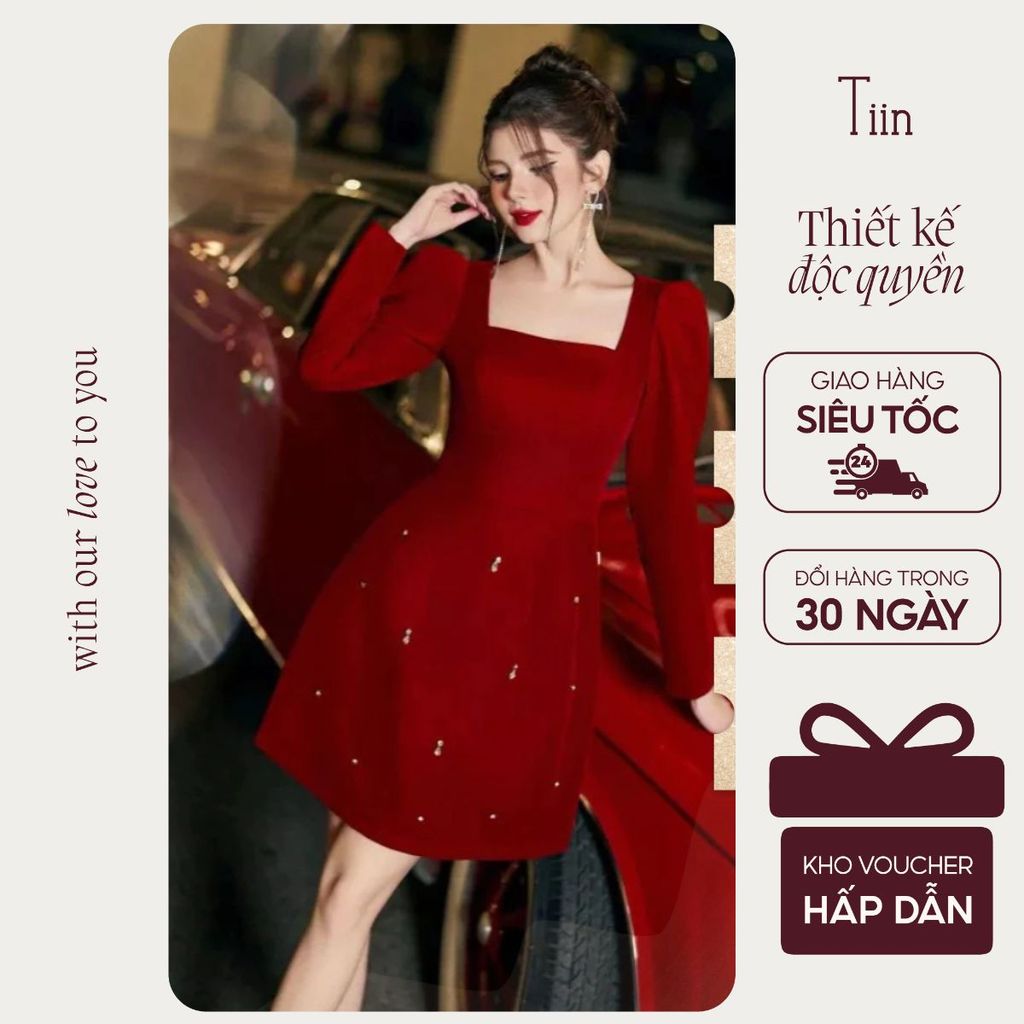 TINSTORE เดรสคอเหลี่ยมลูกปัดหินสีแดง VDD1003