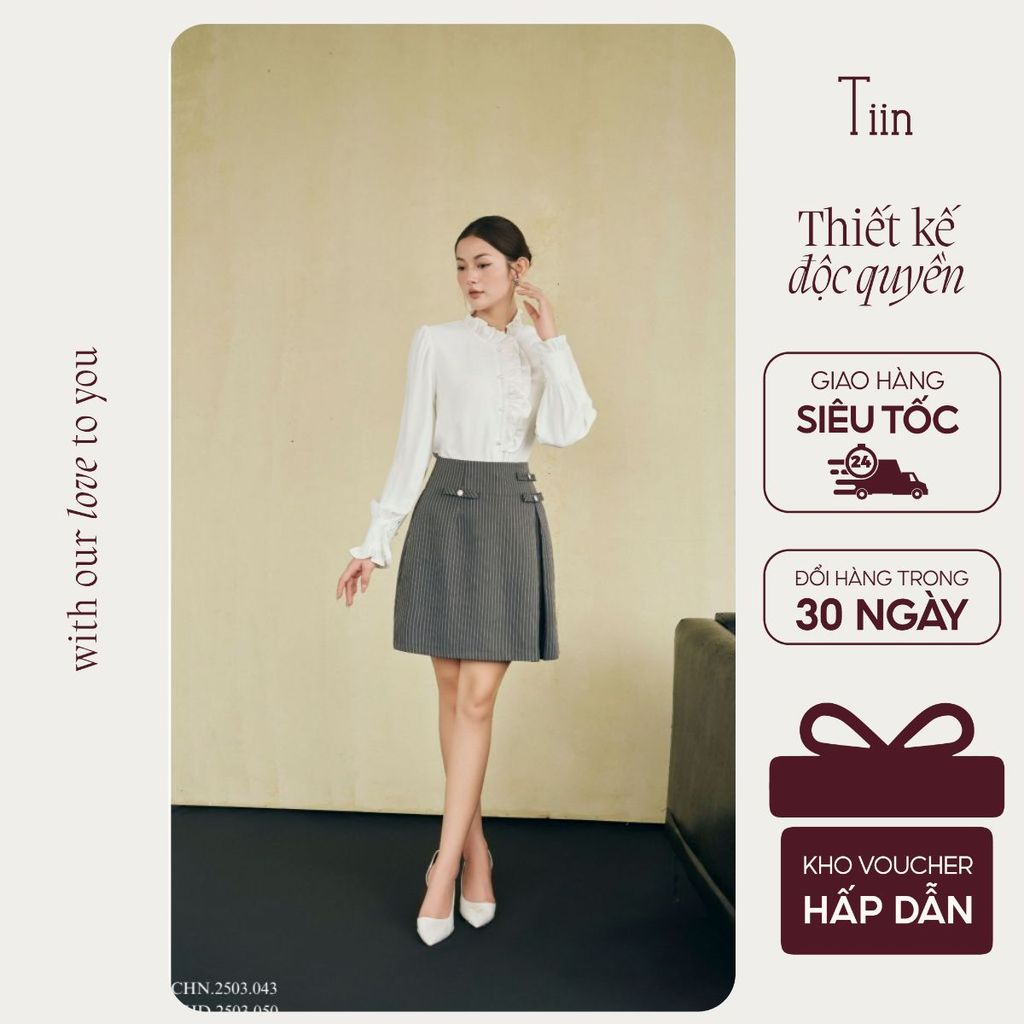 TINSTORE เสื้อเชิ้ตผู้หญิงดีไซน์คอปกและแขนระบายหรูหราอ่อนเยาว์หรูหราสําหรับออฟฟิศ AHD.2503.050