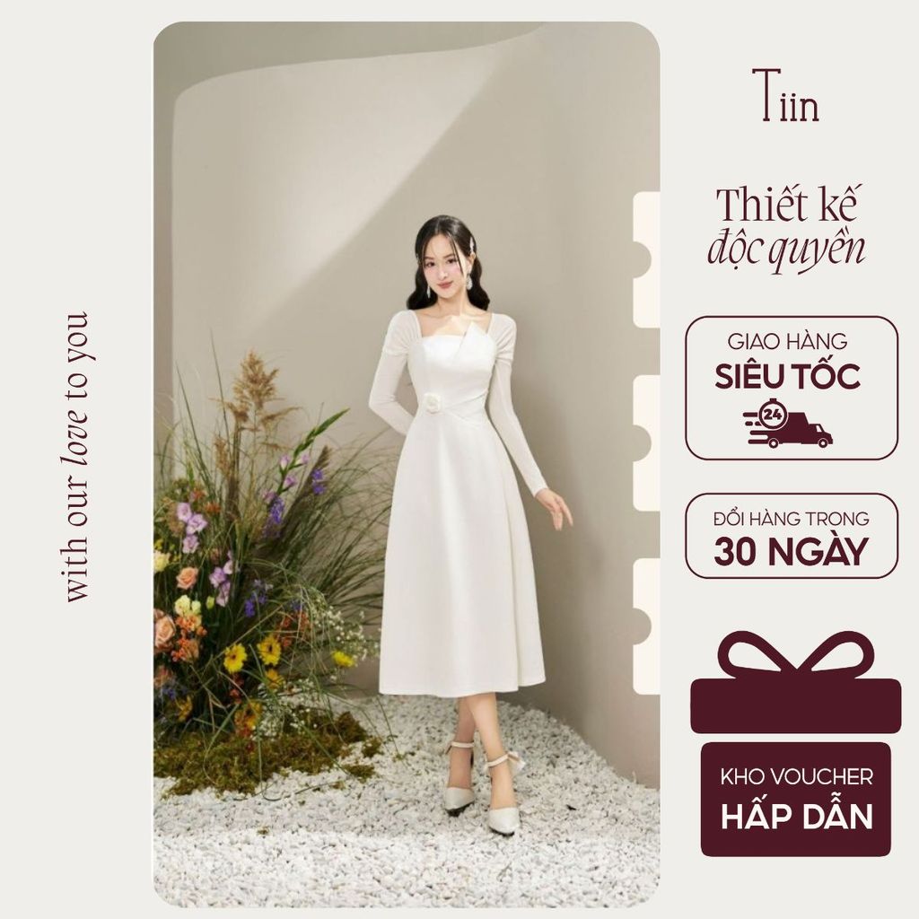 TINSTORE เดรสคอเหลี่ยมแขนตัดและเข็มกลัดดอกไม้สีขาวชุดดีไซน์ปาร์ตี้หรูหราและผู้หญิง VHD1025