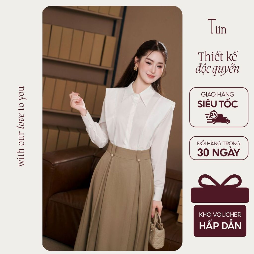 TINSTORE เสื้อเชิ้ตผู้หญิงดีไซน์คอปกเยอรมันสไตล์ไหล่แขนยาว AHD.2504.111