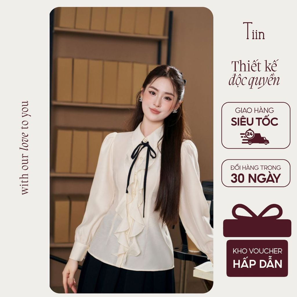 TINSTORE เสื้อเชิ้ตผู้หญิงดีไซน์คอปกเยอรมันและผูกโบว์สไตล์สํานักงานหรูหราแต่งระบายแขนยาว AHD.2504.12