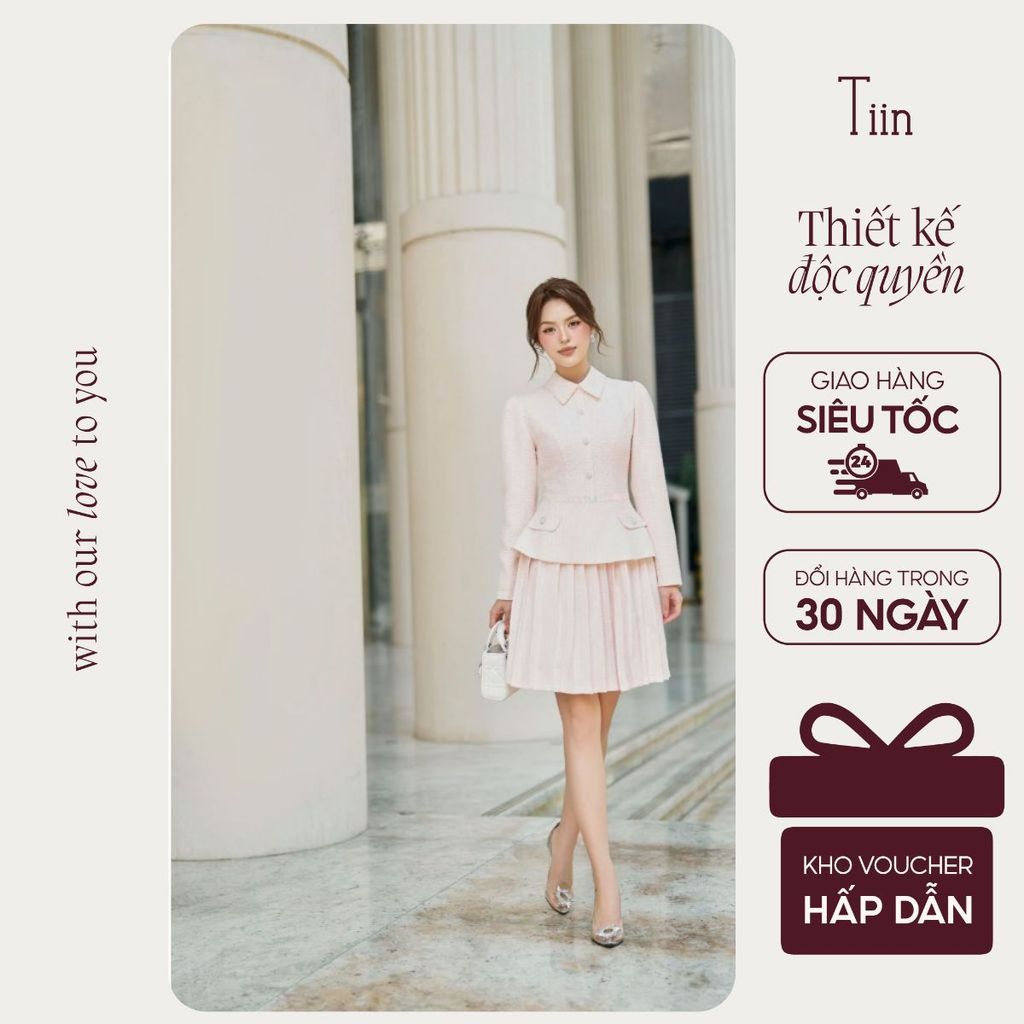 TINSTORE ชุดราตรีทวีดผู้หญิงดีไซน์คอปกเยอรมันเข็มขัดคาดเอวบานหรูหราและอ่อนเยาว์ VDD1179