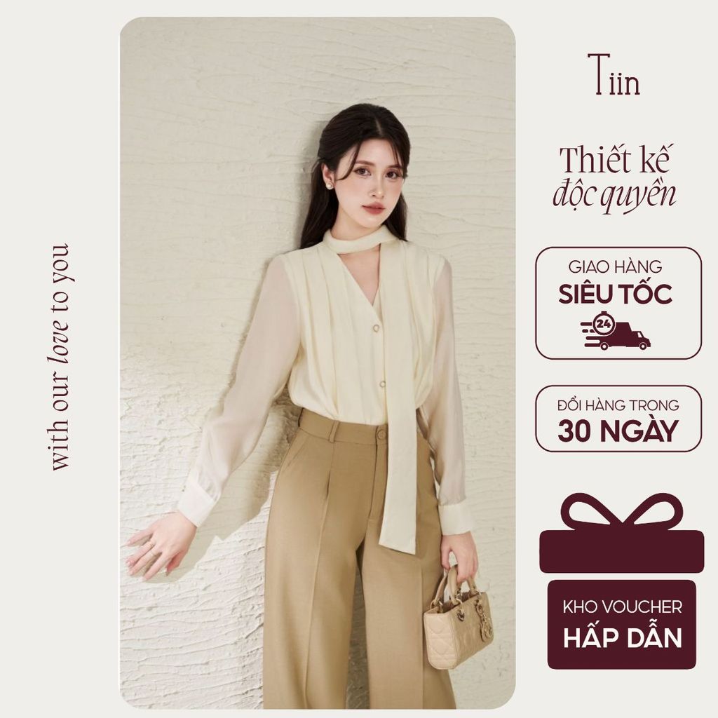 TINSTORE เสื้อเชิ้ตดีไซน์หัวใจจับจีบหรูหราคอปกสายสํานักงานแขนยาว AHD.2505.168