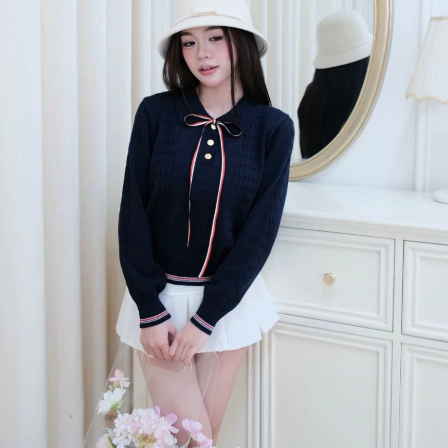 Jolie_Store// เสื้อกันหนาวแขนยาวคอปกโบว์ผู้หญิงเกาหลีเสื้อยืดถักทรงเข้ารูปสวยสําหรับโรงเรียนและออกนอ