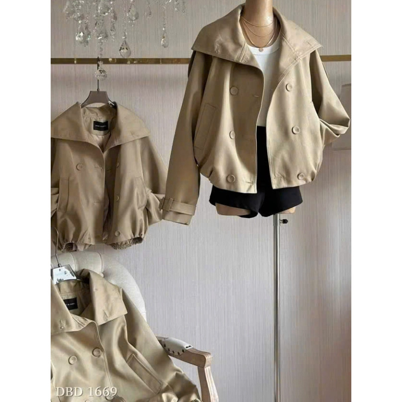 Jolie_Store// เสื้อแจ็คเก็ตสตรีสีเบจ Bomber/Trench Cropped สไตล์ปุ่มคู่สไตล์เกาหลี p04 - แฟชั่น