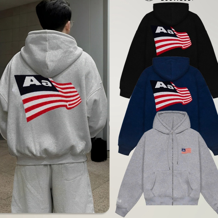 Aastu จาก Boxy Zip Hoodie ปัก Ruffled American Flag พร้อมกางเกง, ผ้าสักหลาดขาปูจํานวน 280GSM tt