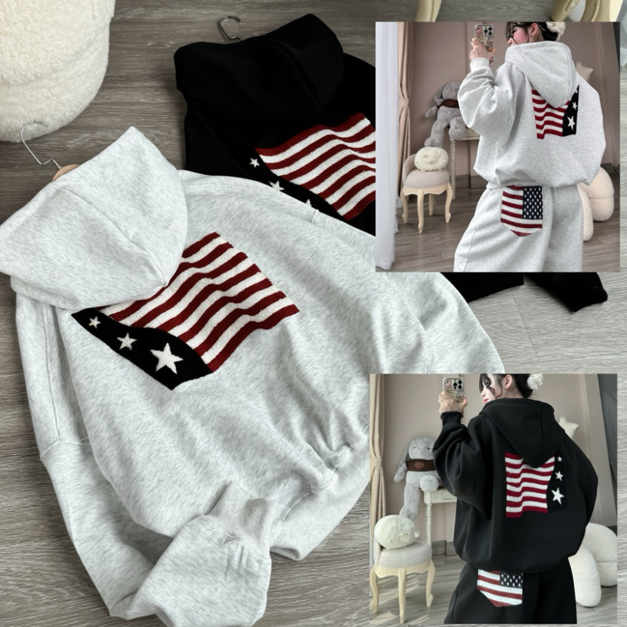 AMR American Flag Welded Cotton Fleece Hoodie สําหรับผู้ชายและผู้หญิง, Loose-Sleeve American Flag Ho