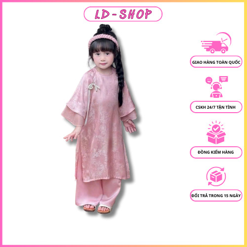 ผ้าไหมผ้าสีชมพู ao dai พร้อมกางเกงผ้าไหมและแผงคอสีชมพูน่ารักสําหรับเด็กผู้หญิง - ldshop98