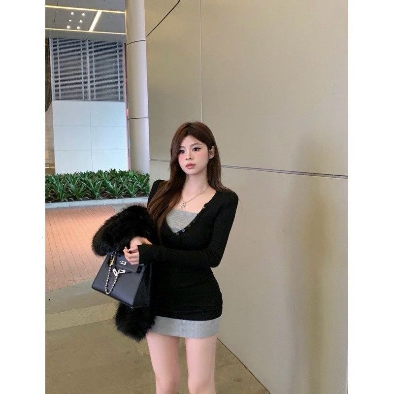 AU เดรสแขนยาว บอดี้คอน - เดรสผู้หญิงดีไซน์คอผ่าสไตล์เกาหลี - RC80 Hehe