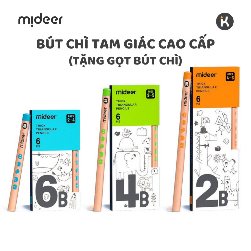 กล่องดินสอ 6B, 4B, 2B Mideer ดินสอสามเหลี่ยมหนาพร้อมกบเหลารวม
