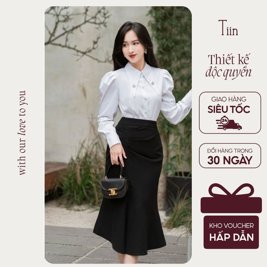 TINSTORE เสื้อคอปกนกนางแอ่นมีกระดุมหินสีฟ้าและสีขาว AHD863