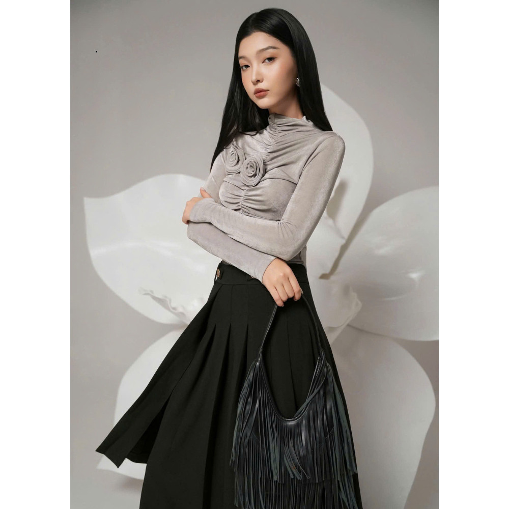 KANGSOOSTORE เสื้อประดับดอกไม้คอปกสูงสีเทา,เสื้อดีไซน์เข็มขัดเข้ารูปที่สวยงามและหรูหรา JDS348 PTPT68