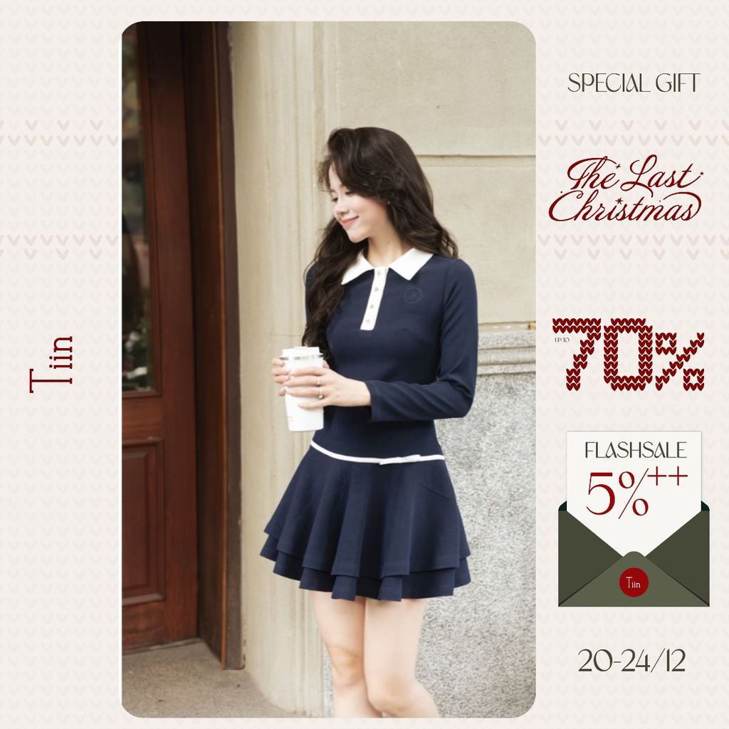 TINSTORE เดรสผู้หญิงหรูหราหรูหราหรูหรา ดีไซน์คอโปโล ผ้าวูล 2 ชั้น เข็มขัดคาดเอว VDD.2509.286