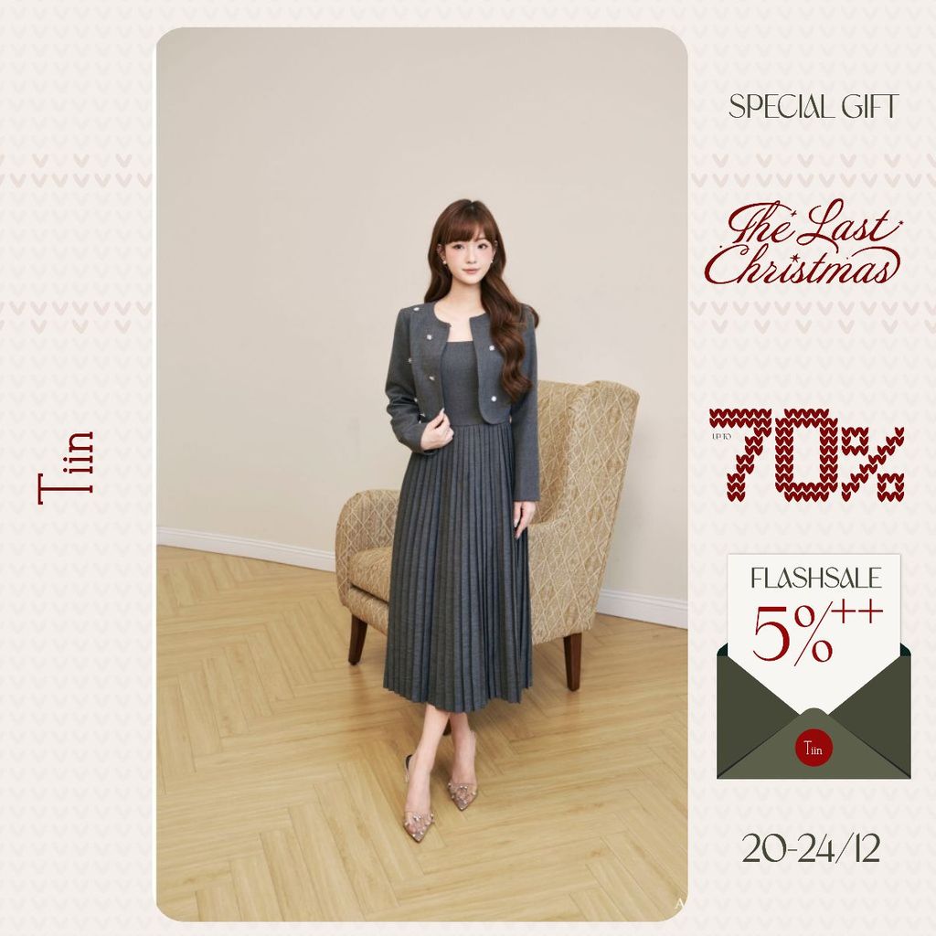 TINSTORE เสื้อแจ็คเก็ตสั้นดีไซน์คอกลมและพลอยเทียมผสมผสานกับเดรสคอเหลี่ยมเรียบหรูและเป็นผู้หญิง ADK.2