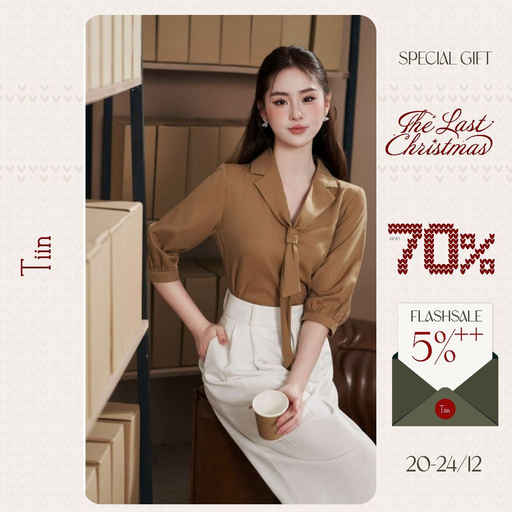 TINSTORE เสื้อเชิ้ตผู้หญิงคอปก 2 ปกผูกโบว์แขนสั้น AHD.2504.130