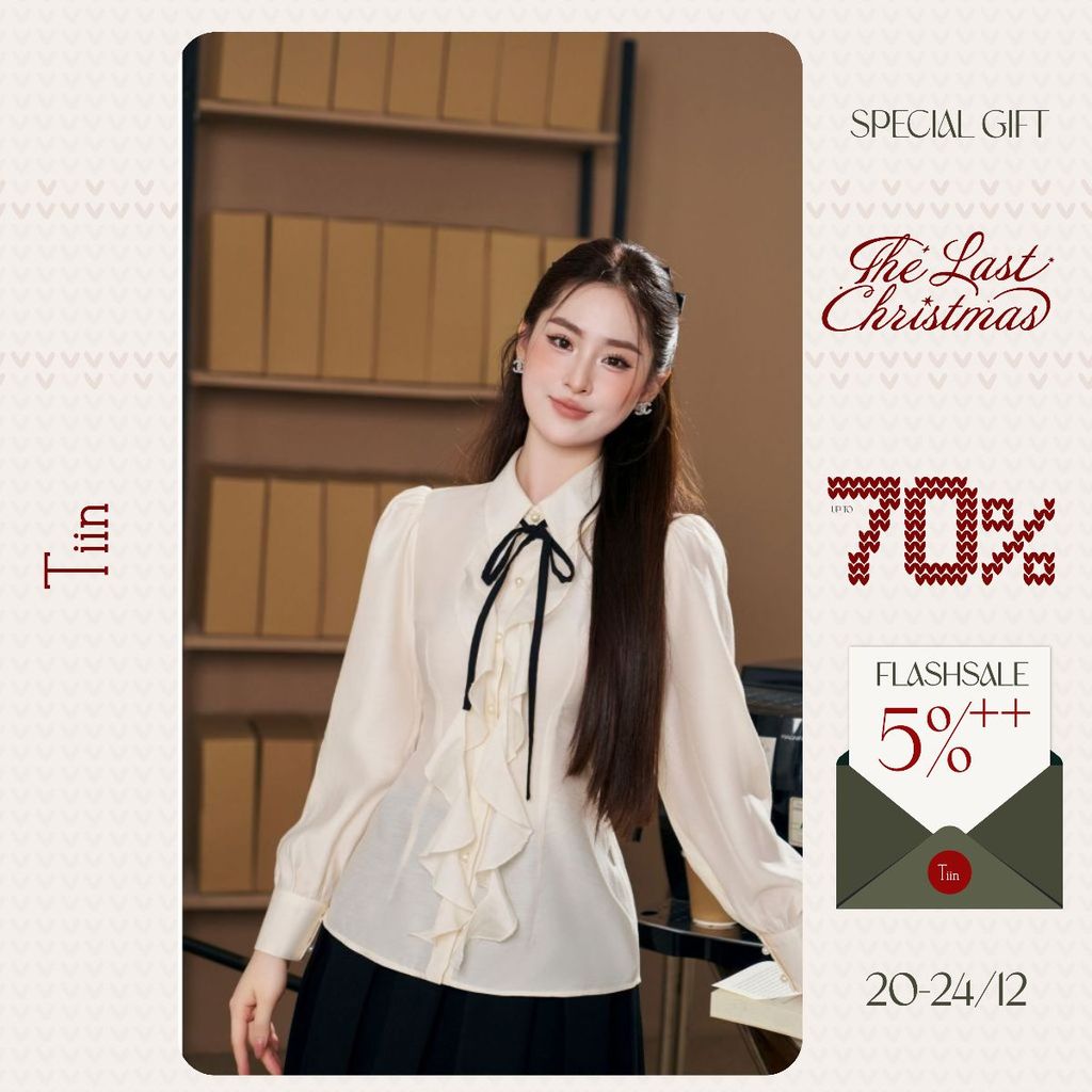 TINSTORE เสื้อเชิ้ตผู้หญิงดีไซน์คอปกเยอรมันและผูกโบว์สไตล์สํานักงานหรูหราแต่งระบายแขนยาว AHD.2504.12