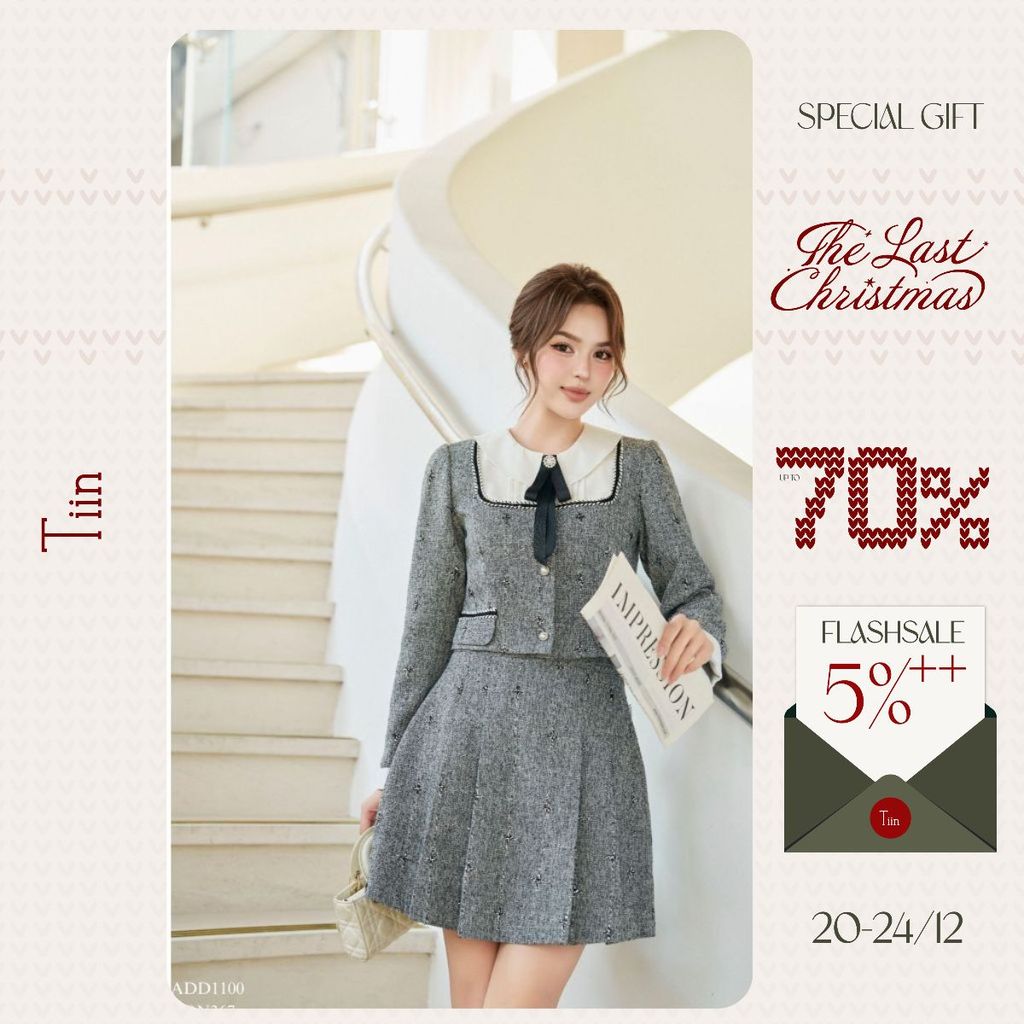 TINSTORE เสื้อเบลาส์ผู้หญิงคอปกโบว์และกระโปรงจีบเลดี้เหมือน ADD1100 CDN367