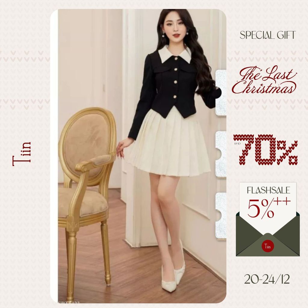 TINSTORE เสื้อเชิ้ตคอปกผู้ชายมีกระเป๋าพนัง 2 ช่อง x กระโปรงจับจีบผูกโบว์ ADD970 CDN307