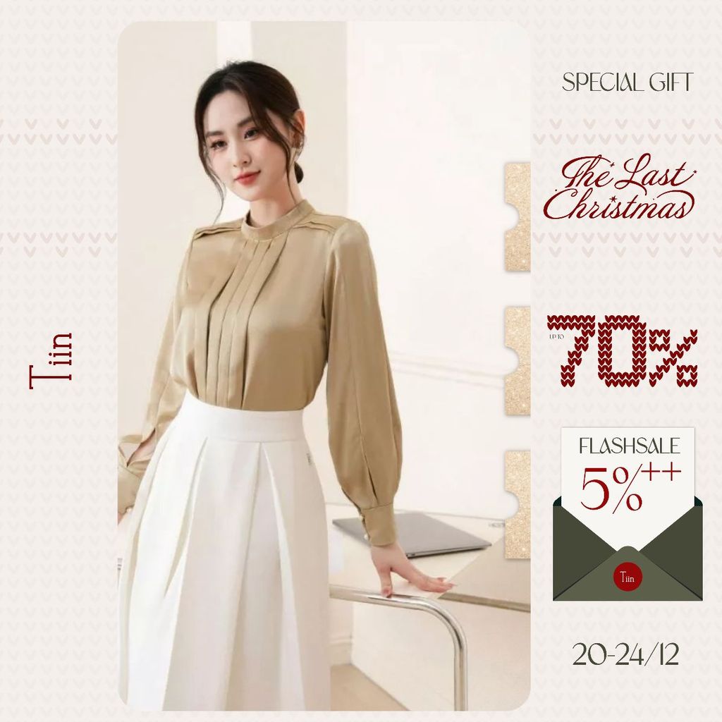 TINSTORE เสื้อคอเต่าจับจีบสีน้ําตาลสีบรอนซ์แขนผ่า AHD1005