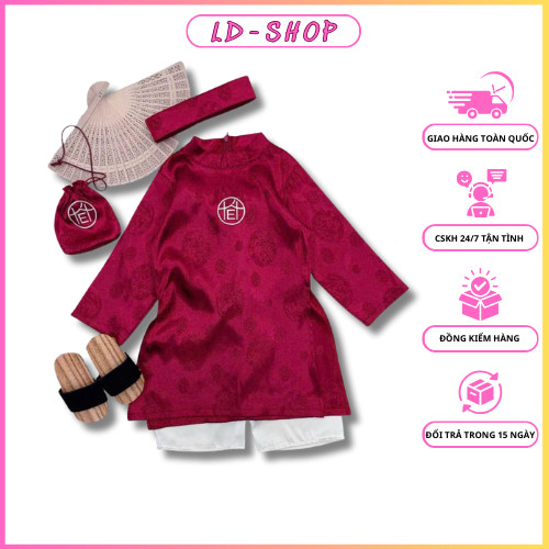 ปัก ao dai สีแดงสําหรับ Tet พร้อมกางเกงผ้าไหม ผ้าคลุม และกระเป๋า Tet ปักใส่เงินนําโชคสําหรับเด็กผู้ช