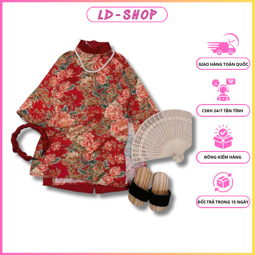 Peony ao dai ผสมกางเกงผ้าไหมสีแดงและสร้อยคอสําหรับเด็กผู้หญิง - ldshop98