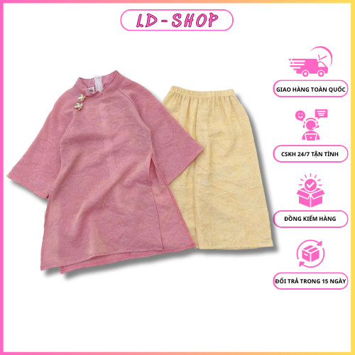 สีชมพูเมทัลลิก ao dai พร้อมดอกไม้ผสมกางเกงผ้าไหมโบรเคดสีทองสวยงามสําหรับเด็กผู้หญิง - ldshop98