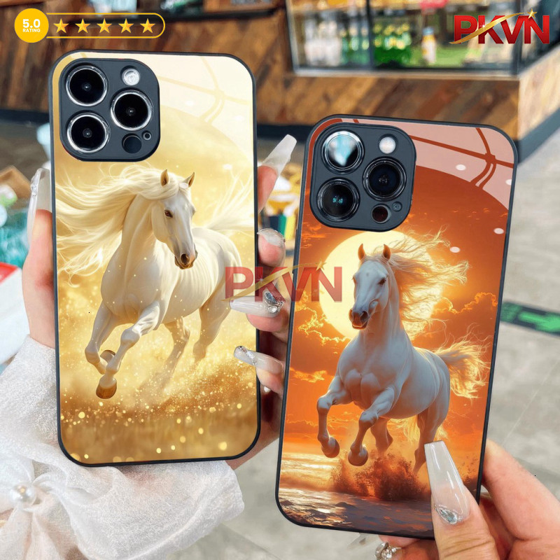 เคสกระจกสีขาวหรูหรารูปม้าสีขาวสําหรับ iPhone 17 ถึง 6s, 6p, 7p, 8p, Pro Max, XR, X